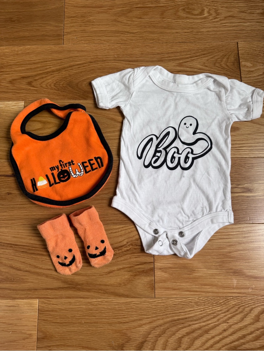 Baby Halloween 'Boo' Bodysuit with Orange Bib & Socks Set